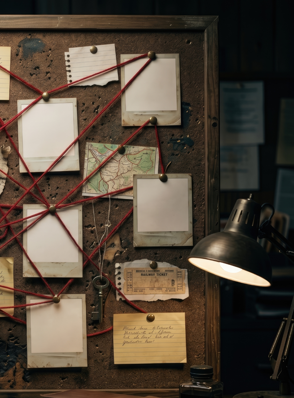 Pin board with notes, photos, maps and red string